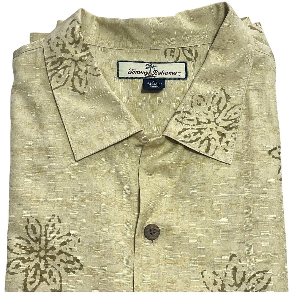 Tommy Bahama Shirt Tan Floral Silk Short Sleeve Camp Button Down Large